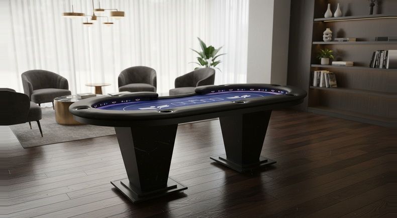 Mesa de Poker Oval com Tecido Azul, LED Azul e Coluna Especial - Pro32